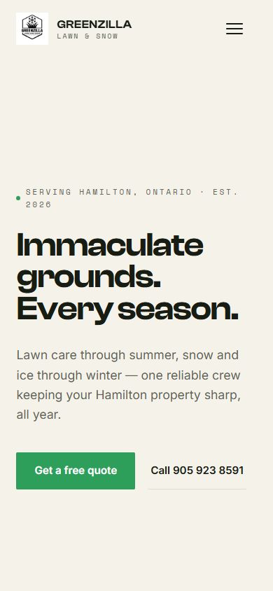 The Greenzilla Lawn and Snow website on mobile.