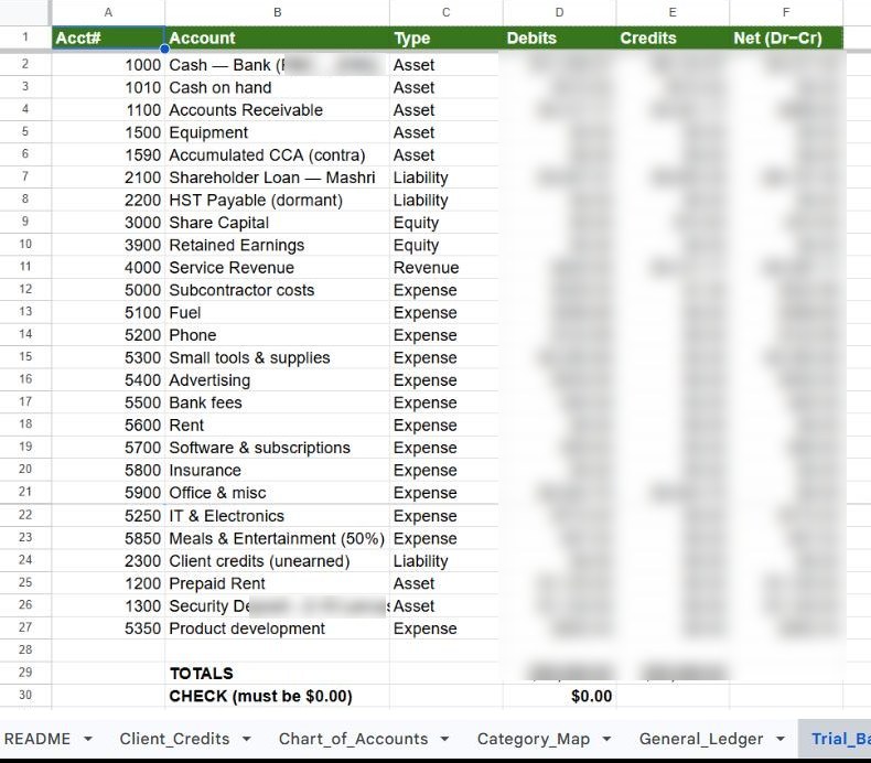 The trial balance tab of the live master sheet, with every dollar figure blurred and the CHECK row reading zero dollars.